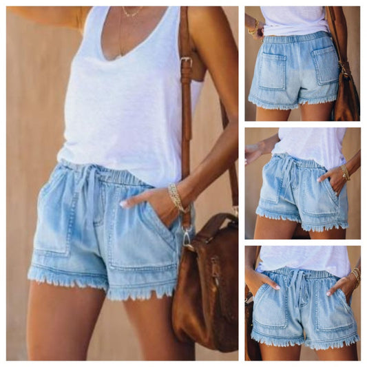 🍃🩳 Jeansshorts med hög midja och dragsko
