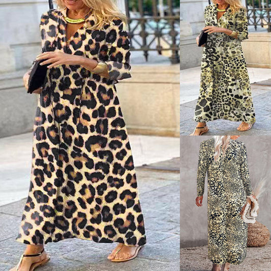 🐆 V-ringade Leopard Maxiklänningar för kvinnor