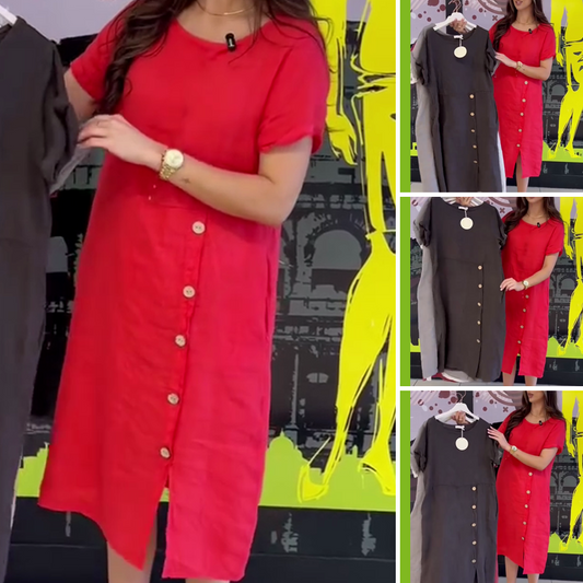 Löst sittande linneklänningar för kvinnor med rund hals