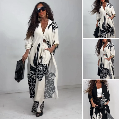 Women's Elegant Printed Top and Wide-Leg Pants Set