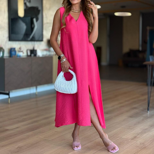 Enfärgad V-hals ärmlös klänning med slits