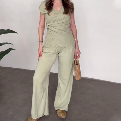 2-Delat Set med Topp och Byxor med V-Ringning för Kvinnor