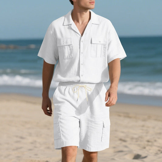 Trendig kortärmad skjorta och shorts för herr, tvådelat set