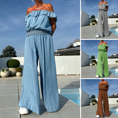 Tvådelat set med enfärgad off shoulder-topp och byxor med vida ben för kvinnor