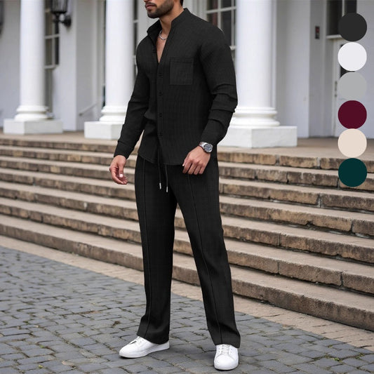 🔥Herrkläder Ståkrage Knäppt Waffle Weave Linne Tvådelad kostym