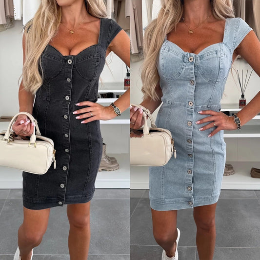 Casual denimklänning med knappar för kvinnor