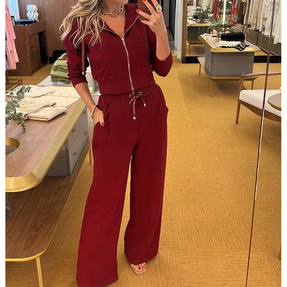 Solid 2-delat set med kort hoodie med dragkedja och byxor med dragsko