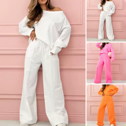 🌸Nyhet 50 % rabatt💖Modernt och minimalistiskt set med rund halsringning och vida byxor, 2 delar