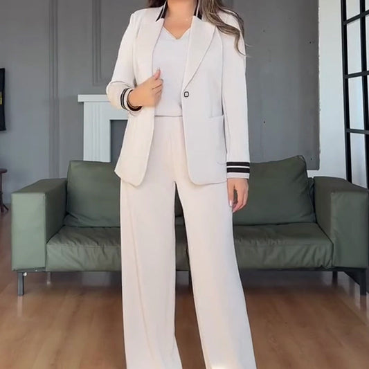 ❤️Bekvämt kostymset – kavaj med kontrastränder och byxor med vida ben