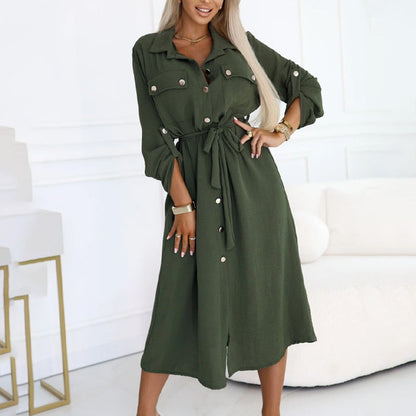 Långärmad modeskjortklänning för kvinnor