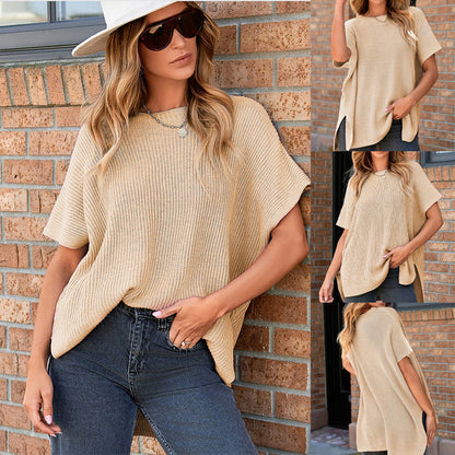 Stickad Topp med Lös Passform och Korta Ärm för Kvinnor
