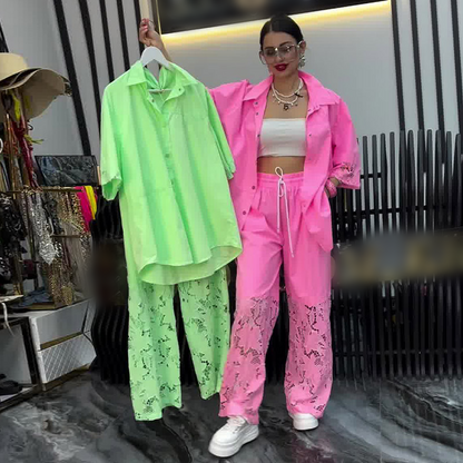 2-delat set med knappskjorta och byxor för kvinnor