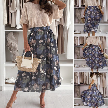 Vit topp och blå tryckt kjol, 2-delat set