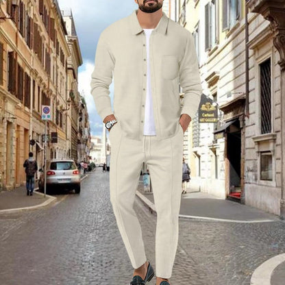 Herrkläder, casual långärmade skjortor och byxor, 2-delars set
