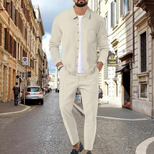 Herrkläder, casual långärmade skjortor och byxor, 2-delars set