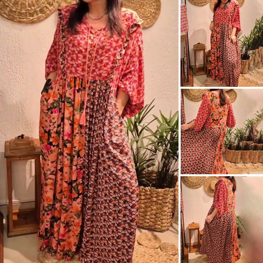 Maxiklänning för damer med tryck och volanger