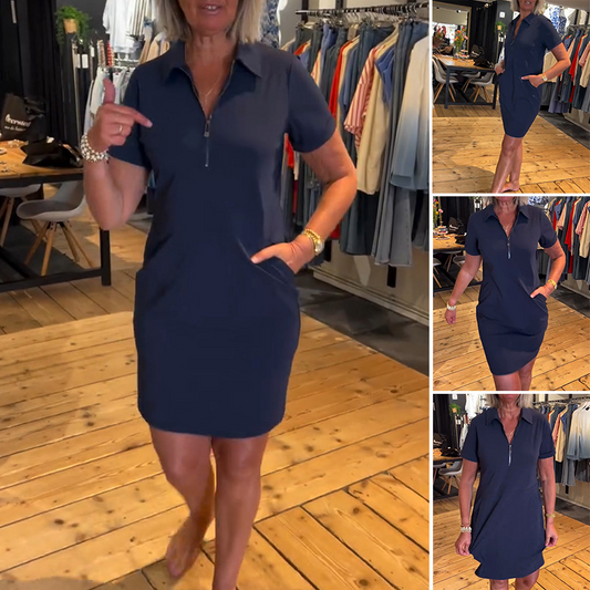 Kvinnors casual miniklänning med kvartlång dragkedja och fickor