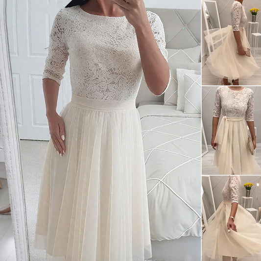 Elegant Midi-klänning med Spetsöverdel och Tyllkjol