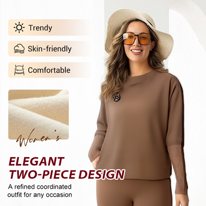 Elegant långärmad topp och vida byxor för kvinnor, 2-delat set