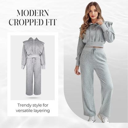 🌸2-delat Ribbad Långärmad Crop Top & Wide Leg Byxor Set – Matchat Loungeoutfit