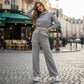 🌸2-delat Ribbad Långärmad Crop Top & Wide Leg Byxor Set – Matchat Loungeoutfit