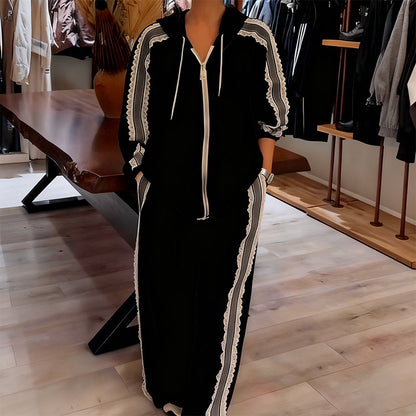 2-delade set med huva och dragkedja för damer med spetsar