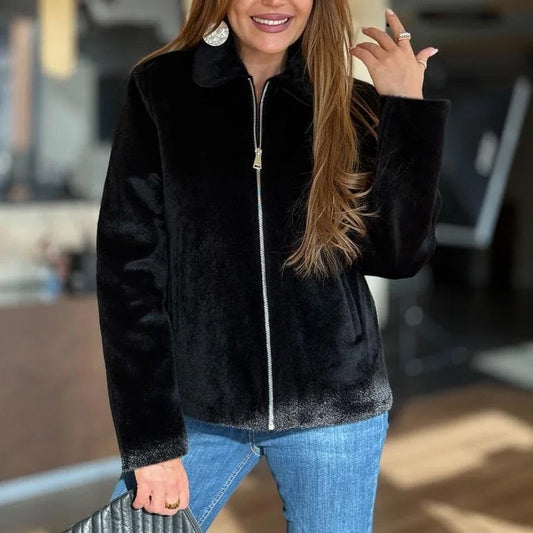 Varm enfärgad jacka med dragkedja och revers för damer