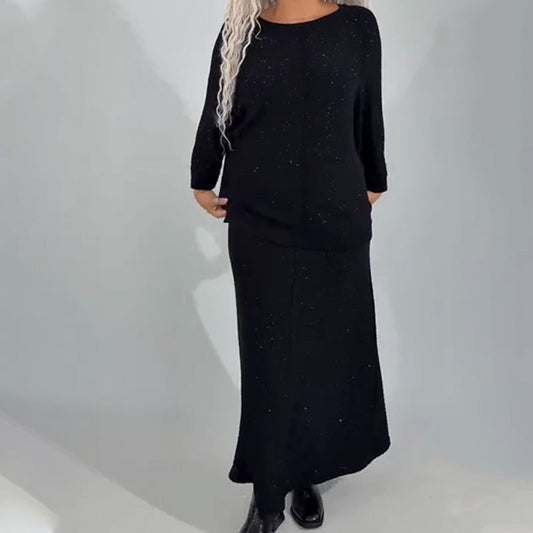 Damtröja med långa ärmar och kjol i glitterstickat material, 2-delat set