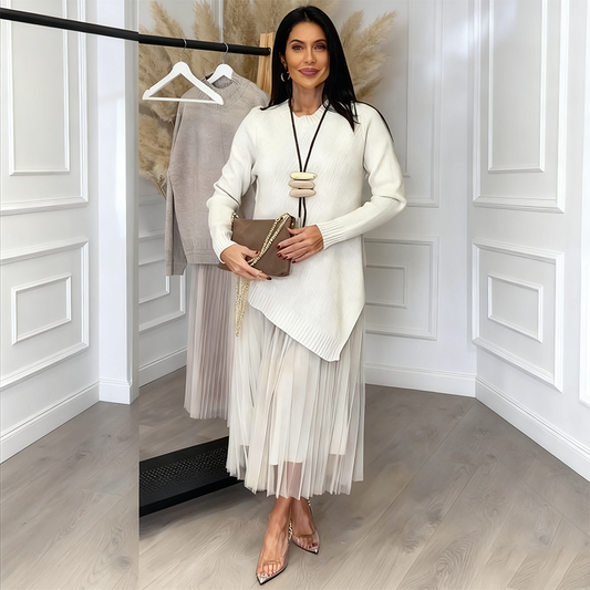 Oregelbunden tröja och plisserad midiklänning i två delar för kvinnor