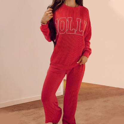 Festligt randigt 2-delat set: långärmad topp och byxor med dragsko och vida ben