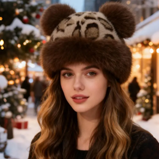 Retro leopardmönstrad mössa med björnöra för kvinnor