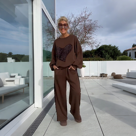 2-delat set med hjärtformade toppar och byxor med paljetter för kvinnor