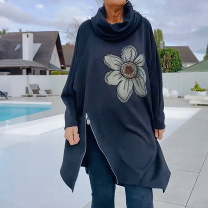 Lång topp för damer med hög krage, tryck och dragkedja på sidan🔥Fri frakt🔥