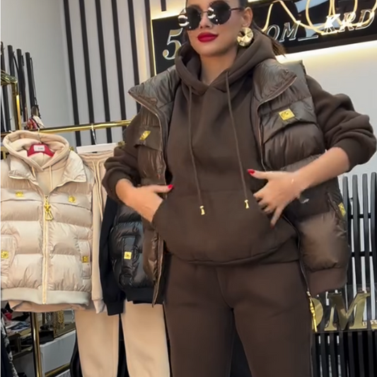 3-delat set med dunväst, huvtröja och joggingbyxor för damer