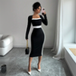 Women's Colorblock Square Neck Bodycon Midi Dress