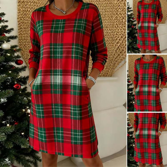 Relaxed Fit Plaid Shift Dress with Pockets