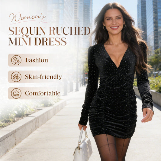 Långärmad miniklänning med V-ringning, paljetter och rynkad midja