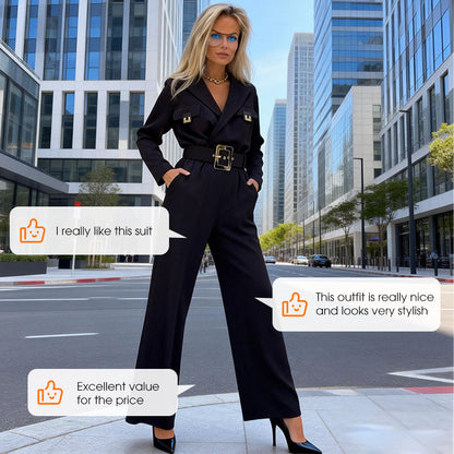 Elegant jumpsuit med revers, V-ringning och bälte