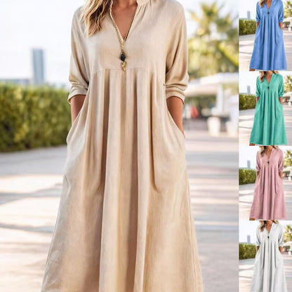 🌿 | Casual Midi-klänning – V-ringning, Fickor & Empiremidja