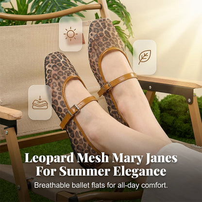 Mary Jane-ballerinaskor i mesh med leopardmönster för dam