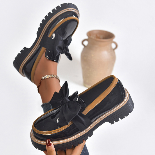 Eleganta loafers med rosett och tjock klack för damer