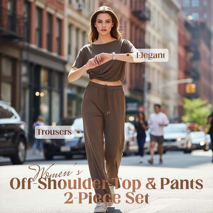 👗 50% RABATT! 🔥 2-delat set med axelbar topp & vida byxor för dam – Flödande & svalt – Perfekt för sommar, bröllop eller fest – bekväm och elegant ✨🌸