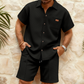 Set med kortärmad skjorta och shorts i våffelstickat för herr
