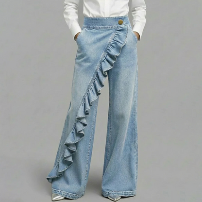 👖 50% RABATT! ⏳ Dam Asymmetriska Volangbyxor med Vida Ben i Denim – Unik Design, Bekväm Passform & Perfekt För En Trendig Look 💙