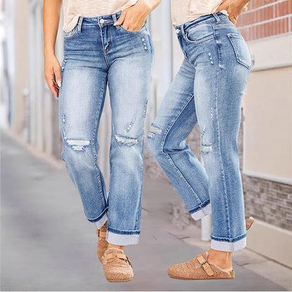 👖Casual-jeans för damer med slitningar och raka ben – trendiga & smickrande🔥