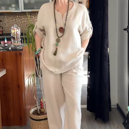 ✨👗Avslappnad elegans: Bekvämt loungewear-set för damer med upprullningsbara ärmar