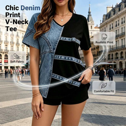 ✨50% RABATT NU! ✨👕 Denim Print V-ringad T-shirt – Mjuk, Snygg, Enkel Stil 🌀