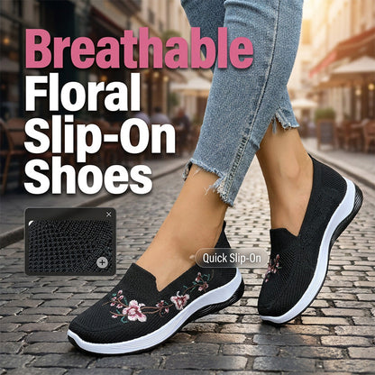 Slip-on-skor i mesh med blommig brodyr för dam