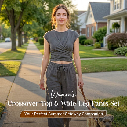 👗50% RABATT! ✨ Dam set med korsad topp & vida byxor – Mjukt fall & smickrande passform – Enkel elegans för alla tillfällen – perfekt för sommar, bröllop eller fest 🌸