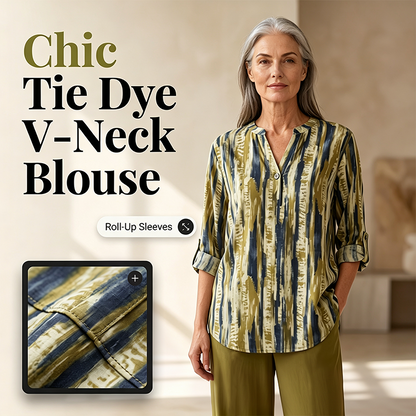 Women Tie Dye V Neck Blouse Roll Up Sleeve
